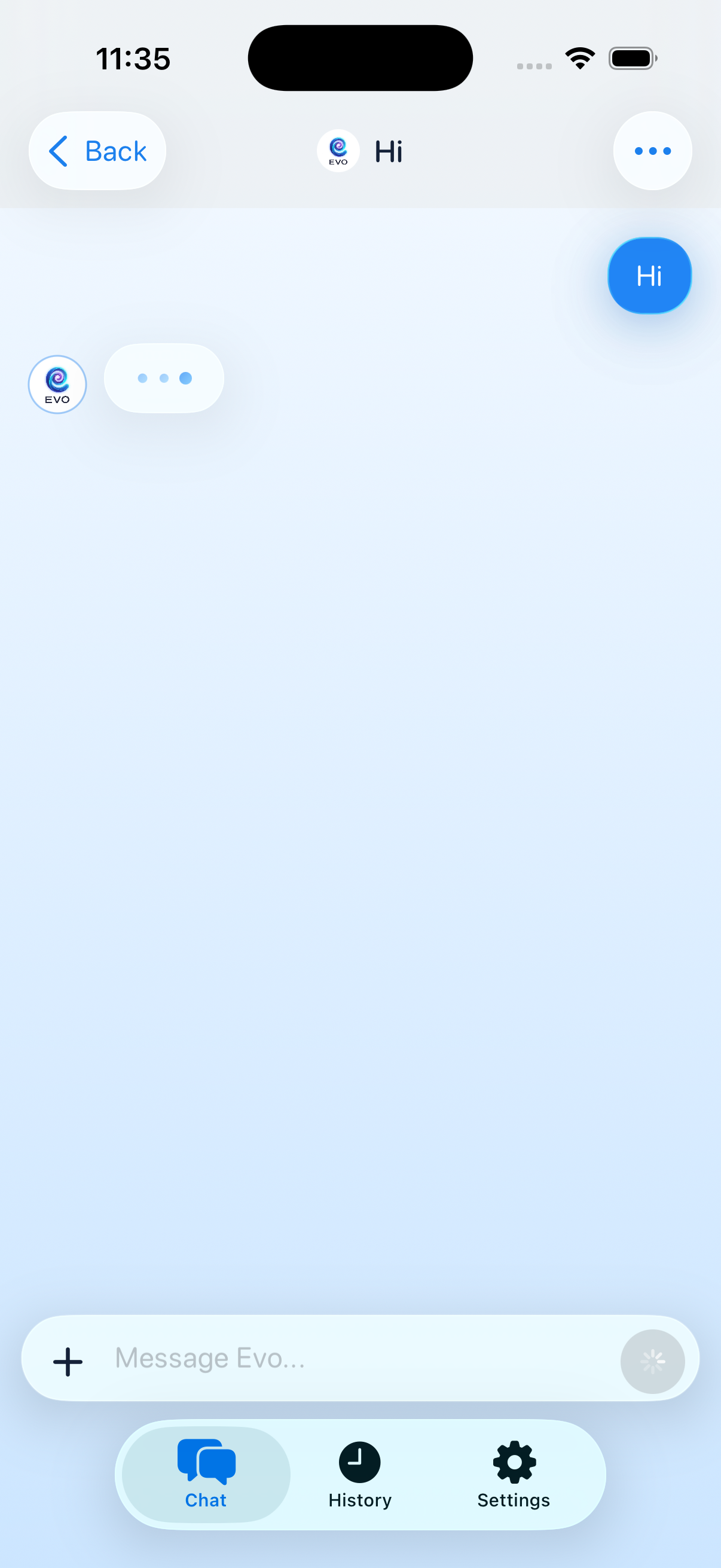Evo AI Pro chat conversation on iPhone